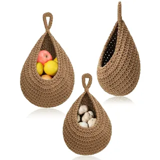 Hängende Wandkörbe, 3 Stück Obstkorb Hängend Jute, Hängekorb Klein, Wandhängender Obstkorb, Aufbewahrungskorb Geflochten, Hängekorb, für Küchendekoration, Wohnzimmer, Bad (Braun)
