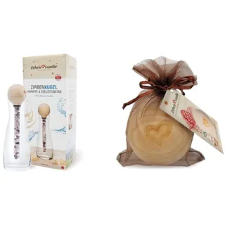 Zirben Familie - Kristallglaskaraffe mit natürlich duftender ZirbenKugel & Herz-Gravur (1 Liter, Beige)