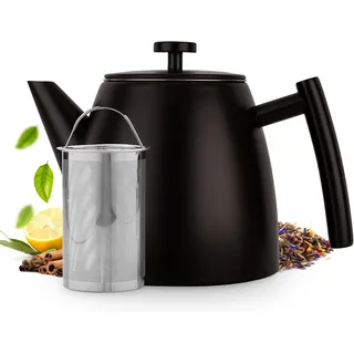 Vaja Trends | Doppelwandige Teekanne | Isoliert und Tropffrei | Edelstahl Schwarz Matt 1L | Inklusive Teesieb | langanhaltende Wärme