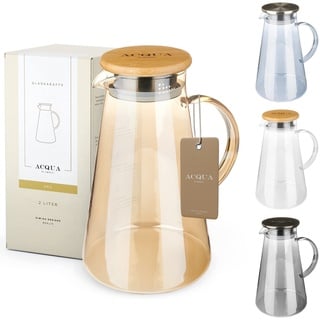 ACQUA DI AMALFI® Glaskaraffe | Wasserkaraffe 2 Liter mit Edelstahl/Bambus Deckel | Wasserkrug mit Fruchteinsatz | Auslaufsicher | Karaffe auch als Teekanne (GOLD/BAMBOO)