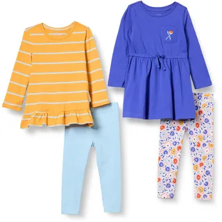 Amazon Essentials Mädchen Langärmliges Outfit-Set, 4er-Pack, Blau/Gelb Streifen/Himmelblau/Weiß Floral, 2 Jahre