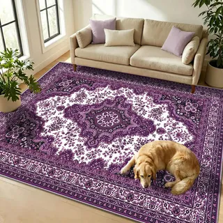 WUTONG Teppich 60x90 cm Waschbar,Lila Vintage Flurteppich,Kurzflor rutschfest & Weich,Orientalischer Medaillon Bettvorleger aus Kaschmir-Imitat