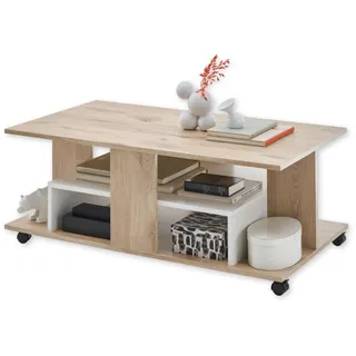 Stella Trading Marti Couchtisch auf Rollen in Rima Oak Optik, Weiß - Mobiler Sofatisch für Ihr Wohnzimmer - 110 x 42,5 x 60 cm (B/H/T)