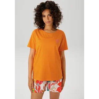 T-Shirt ANISTON CASUAL, Damen, Gr. 36/38, orange (orange, pink), Single Jersey, Obermaterial: 100% Baumwolle, bedruckt, figurumspielend hüftbedeckend, Rundhals, Shirts T-Shirt, mit großem Statement-Schriftzug im Rücken