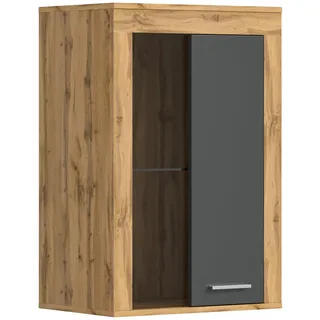 xonox.home Wohnzimmer Jam Vitrine Glasvitrine Dekoschrank Glas-Kommode Stauraumschrank Hängevitrine Standvitrine in Front grau Nb. Korpus/Absetzung Wotan Eiche Nb., ca.60x86x35 cm