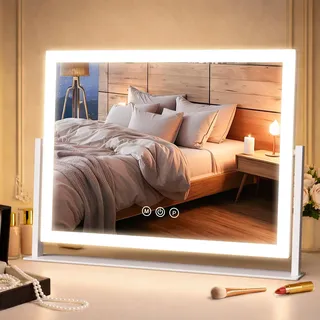 OKYLOR Schminktisch Spiegel mit Beleuchtung, 42x31cm Hollywood Spiegel mit 3 Farbtemperaturen & Dimmer, 360° Drehbar, 3X Vergrößerungsspiegel, Touch-Tasten, USB-C, Weiß – Kosmetikspiegel mit Licht
