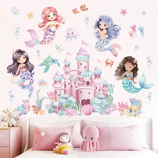 wondever Wandtattoo Meerjungfrau Mädchen Wandaufkleber Unter dem Meer Schloss Fisch Seetang Wandsticker Wanddeko für Babyzimmer Schlafzimmer Badezimmer