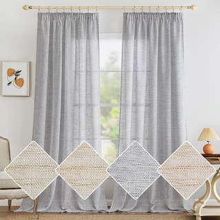 MIULEE Leinen Gardinen Vorhänge mit Kräuselband Wohnzimmer Gardine Vorhang Leinenoptik kräuselband Modern Voile Schienensystem Schlafzimmer 2er Set Weiß Grau 140x245 cm