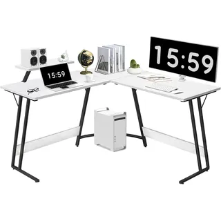 JUMMICO L-förmiger Schreibtisch 130x130x75cm,Gaming Tisch mit Monitorständer,Ergonomischer Computertisch,Eckschreibtisch, Gaming Schreibtisch L Form,Groß Pc Ecktisch,Weiß