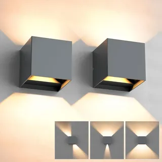 YrgePowk 2 Stücke LED Wandleuchte Aussen, Wandlampe Innen Warmweiß 3000K 12W Außenlampen Einstellbar Abstrahlwinkel Up and Down Leuchten IP65 Wasserdichte Dunkelgrau
