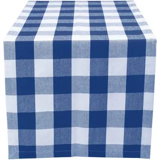 Tischläufer 180x32 - Robuster Tisch Läufer aus Baumwolle - Hochwertiger Tischläufer blau kariert - Table Runner - Waschbarer Läufer Tisch mit 220g/m2