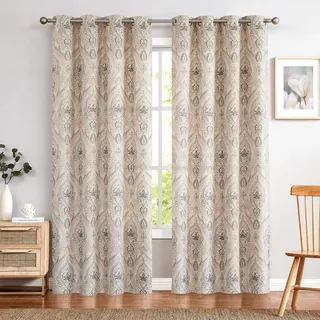 TOPICK Taupe Blickdicht Vorhänge Wärmeisoliert Verdunkelungsvorhang mit Ösen Blumen Muster Vintage Leinenoptik Gardine Lichtdicht Thermovorhang für Wohnzimmer Schlafzimmer 2 Stück 130x245cm(BxH)