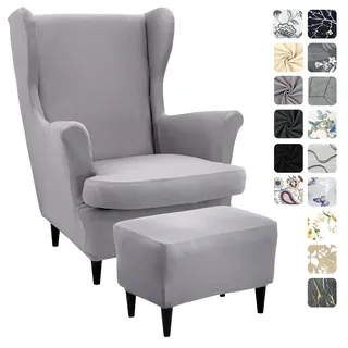 Alishomtll 3 Teilig Ohrensessel Überzug Mit Ottomane Schonbezug Stretch Sessel-Überwürfe Elastisch Sesselhusse Strandmon Tiger Stuhlbezug mit Armlehne Hohe Rückenlehne Universal (Hellgrau)