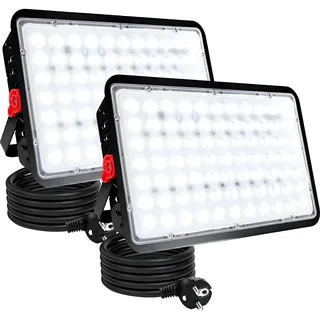 Indmird 2 Stück LED Strahler Außen 200W, 20000LM LED Strahler mit Stecker | 6500K Kaltweiß Led Fluter Außen IP66 Wasserdicht LED Scheinwerfer Aussenstrahler für Lager Garten Garage Hof Werkstatt