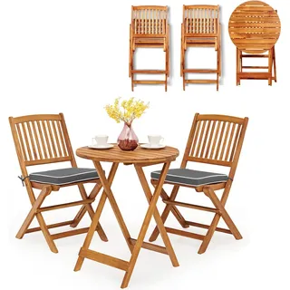 KOMFOTTEU 3 TLG. Balkonset klappbar, Balkonmöbel Set aus Akazie Holz, Gartenmöbel-Set mit 1 Klapptisch & 2 Klappstühlen, Bistroset mit Kissen, Sitzgarnitur für Balkon Garten (Grau Kissen) - Grau