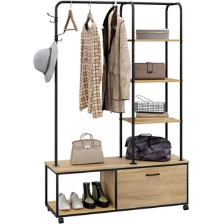 eSituro Kleiderständer, freistehender Garderobenständer auf 4 Rollen, mit 1 Kleiderstange Schrank, 5 Ablagen 3 Haken, Multifunktionales Regal aus MDF Metall, Schwarz Holzmaserung