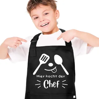 Heyu-Lotus Kinderschürze Kochschürze Kinder Schürze Wasserdicht Mit Tasche | Schwarz,verstellbar,4 bis 12 Jahre kinderschürze,Lustiges Motiv,Hier kocht der Chef,für Beim Kochen,Malen,Grillen