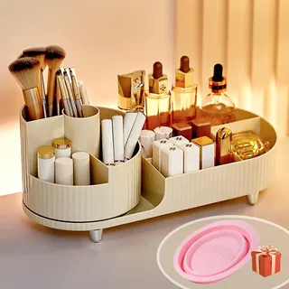 Make up Organizer 360° Drehbar, Großer Bad Kosmetik Organizer mit Aufbewahrungsbox für Schminktisch – Inkl. Makeup Pinsel Reiniger (Beige)
