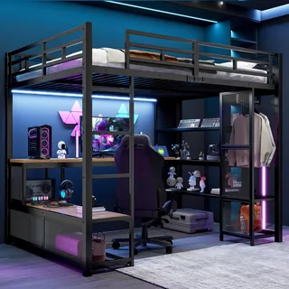 Merax Etagenbett Hochbett 140x200 mit Schreibtisch, Regale, offenem Kleiderschrank, USB, LED-Beleuchtung, Metall Kinderbett, Stockbett, Schwarz - Schwarz