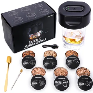 Toys4Boys Elektrischer Whisky Smoker Set - Whiskey Smoker Kit mit 6 Holzsorten - USB Räuchergerät für Glas - Aroma & Whisky Zubehör Geschenk für Männer - Rauchgenerator ohne Butan