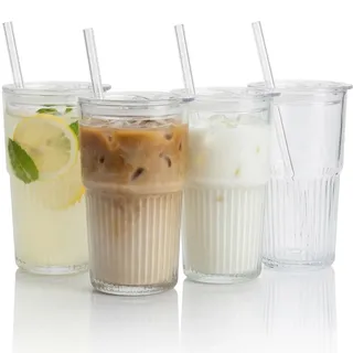ALINK 4 Stück 550ml Gerippte Glasbecher mit Deckel und Strohhalm, dickwandige und robuste Smoothie Becher aus hochwertigem Glas, luftdichtes und wasserdichtes Design, ideal als Kaffee