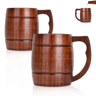 Beufee Holzbecher 2 Stück, 13,5 Unzen Holzbierkrüge Holzkaffeetasse mit Griff Holzkaffeetasse Kaffeebecher Teetasse Rustikale Holz Tankard Cool Trinken Stein Cup für Home Office Camping