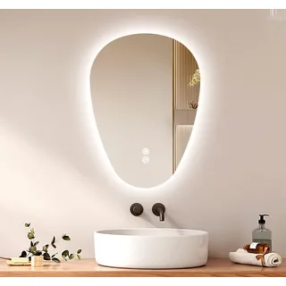 EMKE Asymmetrischer Spiegel LED Badspiegel mit Beleuchtung 70 x 50 cm Touch-Schalter, 3 Lichtfarben Dimmbar, Beschlagfrei Badezimmerspiegel mit Beleuchtung IP44 Energiesparend