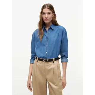 Jeansbluse TOMMY HILFIGER "LIGHT DENIM BOXY SHIRT LS", Damen, Gr. 40, blau (mid blau wash), Denim/Jeans, Obermaterial: 100% Baumwolle, unifarben, regular fit normal, Rundhals, eingesetzt Manschette, Blusen Jeansbluse, Baumwolle