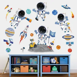 decalmile Wandtattoo Astronaut Rakete Weltraum Wandaufkleber Raketen Universum Sonnensystem Wandsticker Babyzimmer Kinderzimmer Schlafzimmer Wanddeko