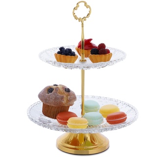 Relaxdays Etagere, Glas & Eisen, HxD: 30 x 23 cm, runder Servierständer, 2 Etagen, Cupcake Ständer, transparent/gold