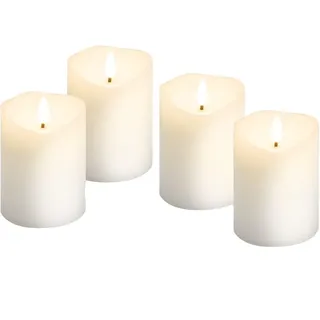 goobay LED-Echtwachskerzen 4er-Set, weiß, mit Pendeldocht, Timerfunktion, warmweißes Licht (2700 K), inkl. 12x AAA Batterien, elektrische Stumpenkerzen, 7,5 cm, 75266