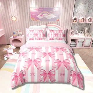 Loussiesd Rosa Bowknot Bettwäsche Set 135x200cm Träumende Prinzessin Bowknot Betten Mädchen Schlafzimmer Zimmer Dekor Nette Bow Girly Bettbezug Kawaii Geometrische Fliege Bettwäsche-Set