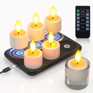 PChero Aufladbare Teelicher mit Ladestation und Fernbedienung, Wasserdicht | 6er Set LED Teelichter Wiederaufladbar, Timerfunktion, Dimmbar, Flackernd, 2 Std. Magnet Ladezeit, 60-200 Std. Laufzeit