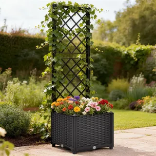 Mingone Blumenkasten mit Rankgitter – Wasserspeicher, Drainage, 40 cm tiefes Beet – selbstbewässernd für Kletterpflanzen, ideal für Balkon, Terrasse & Garten (40x40x136 cm, Rattan-Optik Schwarz)