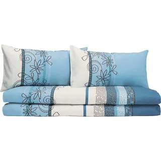 Erwin Müller Bettwäsche, Bettgarnitur Fein-Biber Blumen 4-TLG Sparpaket hellblau Größe 40x80 cm / 135x200 cm - hautsymphatisch, bügelleicht, mit Marken-Reißverschluss
