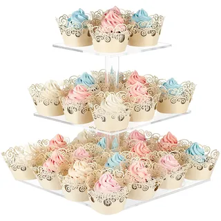 AMEITECH Cupcake-Ständer mit Sockel, 3-stöckig, quadratisch, Acryl, Cupcake-Präsentationsständer, Dessertturm, Gebäckständer, Premium-Cupcake-Halter für Hochzeit, Geburtstag, Mottoparty, transparent