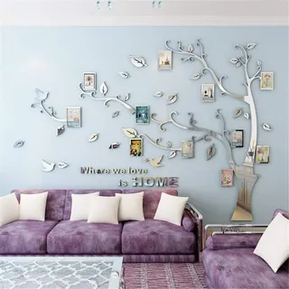 Wandtattoo Baum 3D DIY Wandaufkleber Family Stammbaum Fotowand Baum Wandtattoo Wall Sticker mit Bilderrahmen Foto Wandsticker Wanddeko Deko Wohnzimmer Schlafzimmer (Silber Links,L)