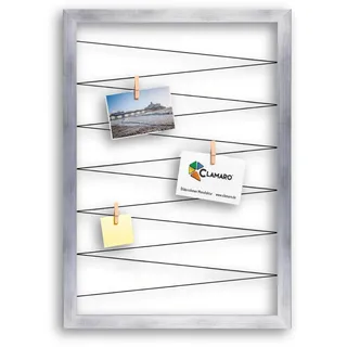 CLAMARO Bilderrahmen Collage Flex, 70 x 90 cm, Silber Gebürstet, für Fotos | MDF-Holzrahmen vollummantelt, vorgespannte Gummileine, Echtholz-Fotoklammern, Wandaufhänger, Postkarten, Notizen