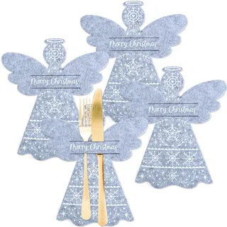 Papierdrachen Besteckhalter Weihnachten 2025 - aus Filz - Grau - Engel-Motiv - 4 Stück - hochwertiger Druck - edle & Festliche Tischdeko