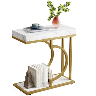 LITTLE TREE Schmaler Beistelltisch, C-förmig, moderner Nachttisch, Kleiner rechteckiger Beistelltisch für Sofa und Couch mit Metallgestell für das Wohnzimmer, Kunstmarmor Weißgold