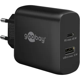 goobay 65411 Dual Ladegerät 45W / USB-C & USB-A Schnellladegerät Power Delivery/Ladenetzteil mit 2 USB Anschlüssen/Charger für Handy, iPad, Tablet etc.