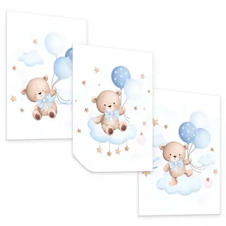 Muralo Poster SET für Kinderzimmer Teddybären blauen Ballons Wolken Sterne 3x Poster A4 21x30cm , Gelb, Braun, Weiß, Beige , Papier , Tiere, Märchen/ Fantasie , Rechteckig , 21x30x1 cm , Bilder & Rahmen, Bilder, Sonstige Wandbilder