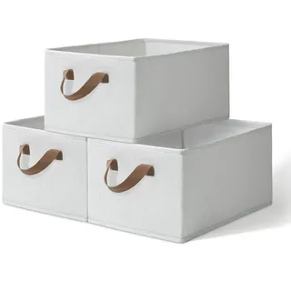Pomodee 3er Set Aufbewahrungsbox aus Stoff faltbar, Große klappbare Wäscheboxen mit Griffen–Schubladen Organizer und Ordnungsboxen für Kleiderschrank, Regal und Schlafzimmer(47x28x20cm,Beige)