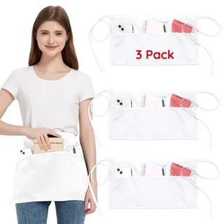 3 Stücke Taillenschürze mit 3 Taschen, Weiß Halbschürze für Damen Herren | Wasserdicht Kochschürzen mit langen Riemen, Kellnerschürze Kurz für Bistro Restaurant Server Arbeit Küche Kochen Bar Gastro