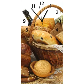 Wallario Design Wanduhr Brot und Brötchen im eleganten Korb - mit Wein und Getreide aus Echtglas, Größe 30 x 60 cm - Weiß