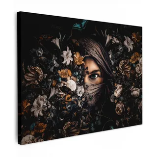 MuchoWow Leinwandbild Frau - Luxus - Blumen - Schmetterling - Porträt Wandbilder 80x60 cm , Schwarz , Textil , Kiefer , Rechteckig , 80x60 cm , FSC 100% , gerahmt , Bilder & Rahmen, Bilder, Leinwandbilder