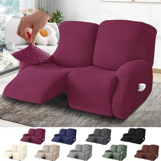 BOYIFEIJIE 2-Sitzer Sessel Überzug, Sesselbezuge Stretch mit Taschen, All-Inclusive Streifen-Jacquard Sesselschoner für Fernsehsessel Relaxsessel Sesselhusse (Weinrot, 6-Teilig)