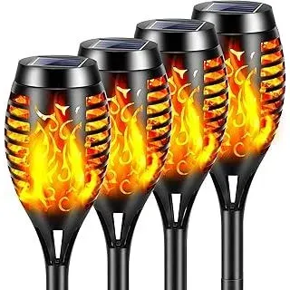 Solarlampen für Außen Garten - 12 LED Solarleuchten fackel mit Realistischer Flammeneffekt, IP65 Wasserdichte Solar Gartenfackeln Solarleuchten für Weg Hinterhöfe (4 Pack)