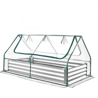 Hochbeet mit Abdeckung, 1800 x 900 x 300 mm, rechteckiger Pflanzkasten aus verzinktem Metall für den Außenbereich, mit PE-Gewächshausabdeckung und Handschuhen, rostfreies Alu-Zink, zum Anbau von Blumen und Gemüse, silberfarben