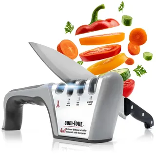 COM-FOUR® Premium Messerschärfer mit 4 Stufen, auch für Scheren geeignet - Profi Messerschleifer manuell mit praktischen Griff und Anti-Rutsch Beschichtung (1 Stück - silberfarben. grau. schwarz)